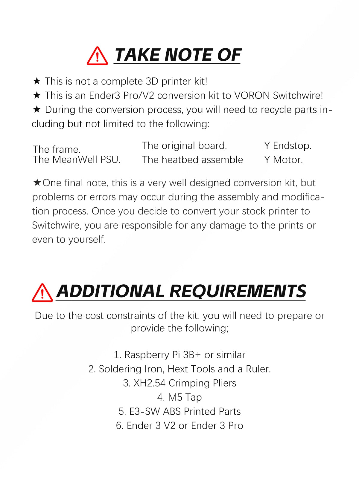 Ender3 Pro/Ender3 V2 3D Printer Upgraded Kit Voron E3-Switchwire Stealthburner DIY Pro Conversion Switchwire 3D Printer Kits