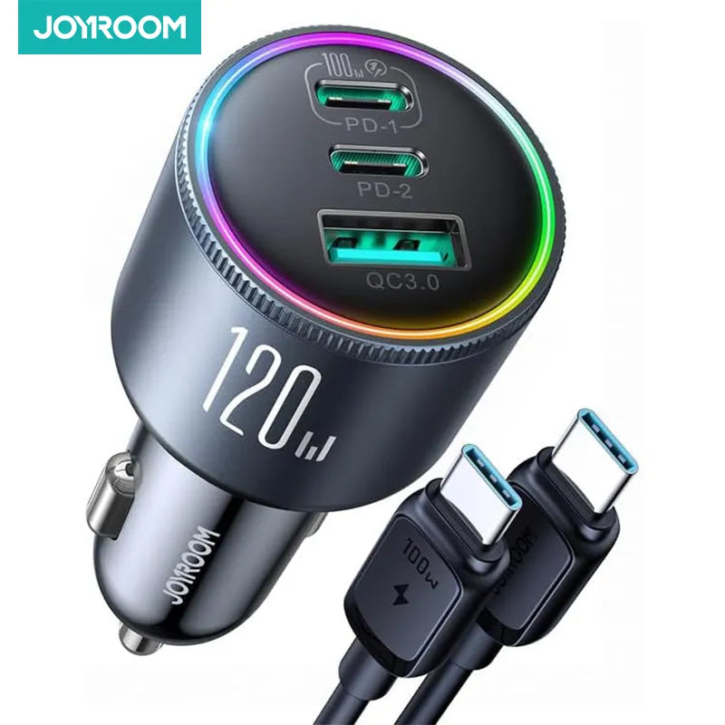 Joyroom 120W Car Charger USB C 3 Port Car Phone Charger Fast Charging Multiple Devices PD 100W&35W QC 3.0/4.0 Cigarette Lighter