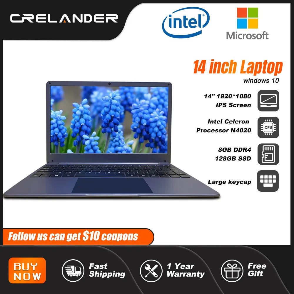 CRELANDER 14 Inch Laptop Intel Celeron N4020 IPS Screen 8GB RAM 128GB SSD Windows 11 Notebook 5G WIFi Mini PC Laptops Computer