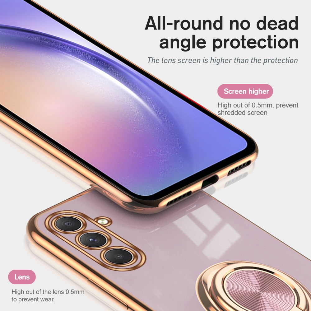 Plating Gold Frame TPU Soft Cover For Samsung Galaxy A54 5G Case SamsungA54 A14 A34 A 54 2023 Magnetic Holder Ring Protect Funda