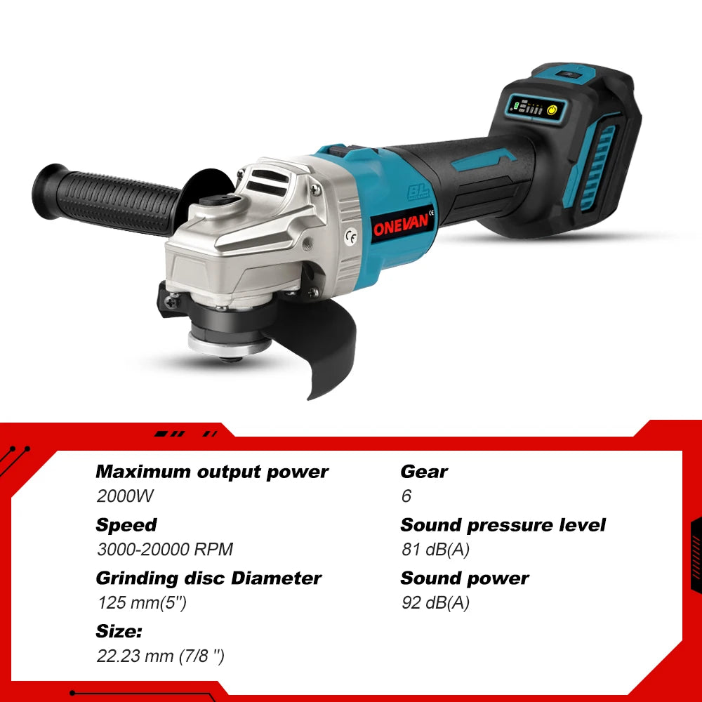 ONEVAN 125mm Brushless Cordless Electric Angle Grinder 6 Speed DIY Polisher Cutting Machine Power Tool For Makita 18V Battery