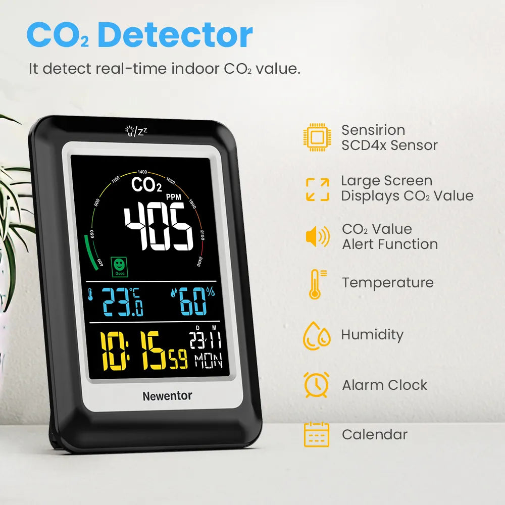 Newentor 5 in 1 Air Quality Monitor Multifunctional Real-time Dectect Carbon Dioxide Meter Digital Temperature Humidity Sensor