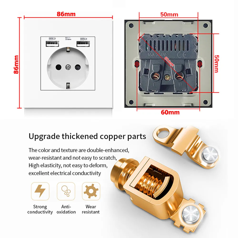 EIOMR Wall USB Power Socket 5V 2.1A EU France Electrical Outlet 16A Dual USB Port Plug IOS Android Phone Charging Port Socket