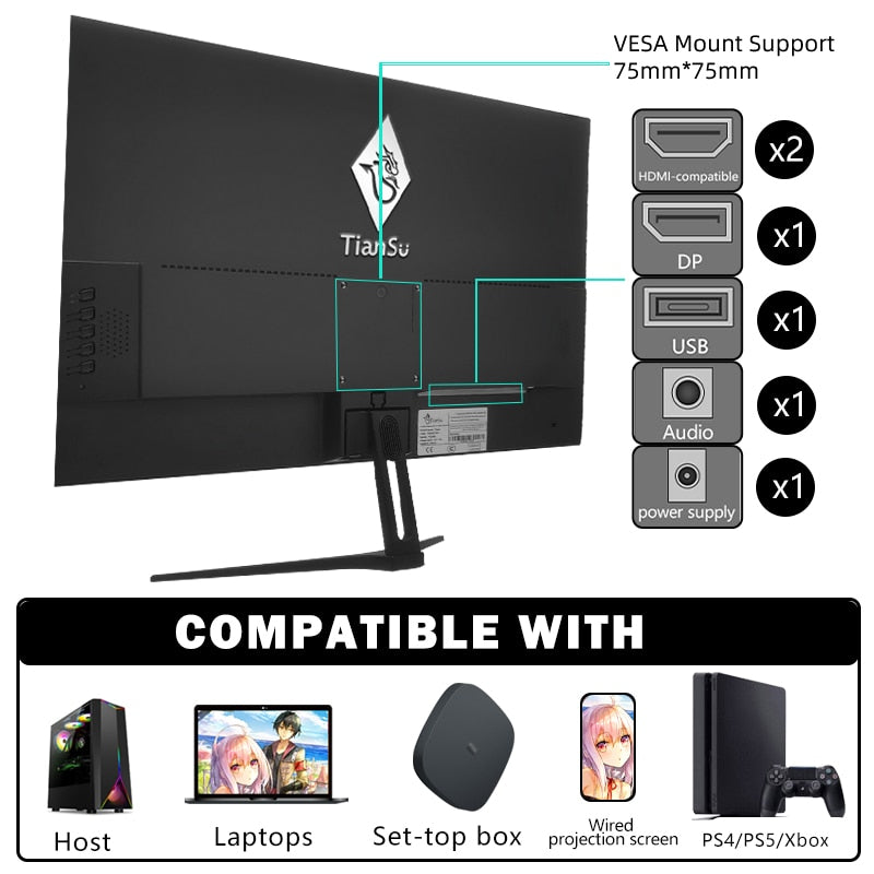 Tiansu 2K Monitor 24 inch 165hz for PC 144Hz Fast IPS Computer Monitor Gamer HDMI-compatible 24'' Screen Display Gaming Monitors