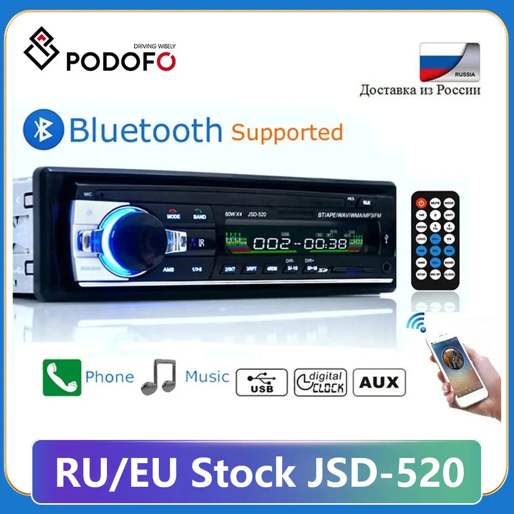 Podofo Car Radio Stereo Player Digital Bluetooth MP3 Player JSD-520 60Wx4 FM Audio Stereo Music USB/SD with In Dash AUX Input