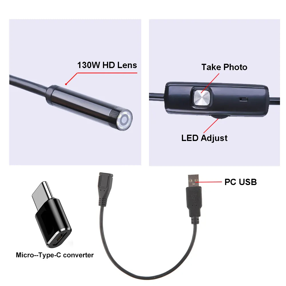 FUGEZA Mini Endoscope Camera Waterproof Endoscope Adjustable Soft Wire 6 LEDS 5.5mm Android Type-C USB Inspection Camea for Car