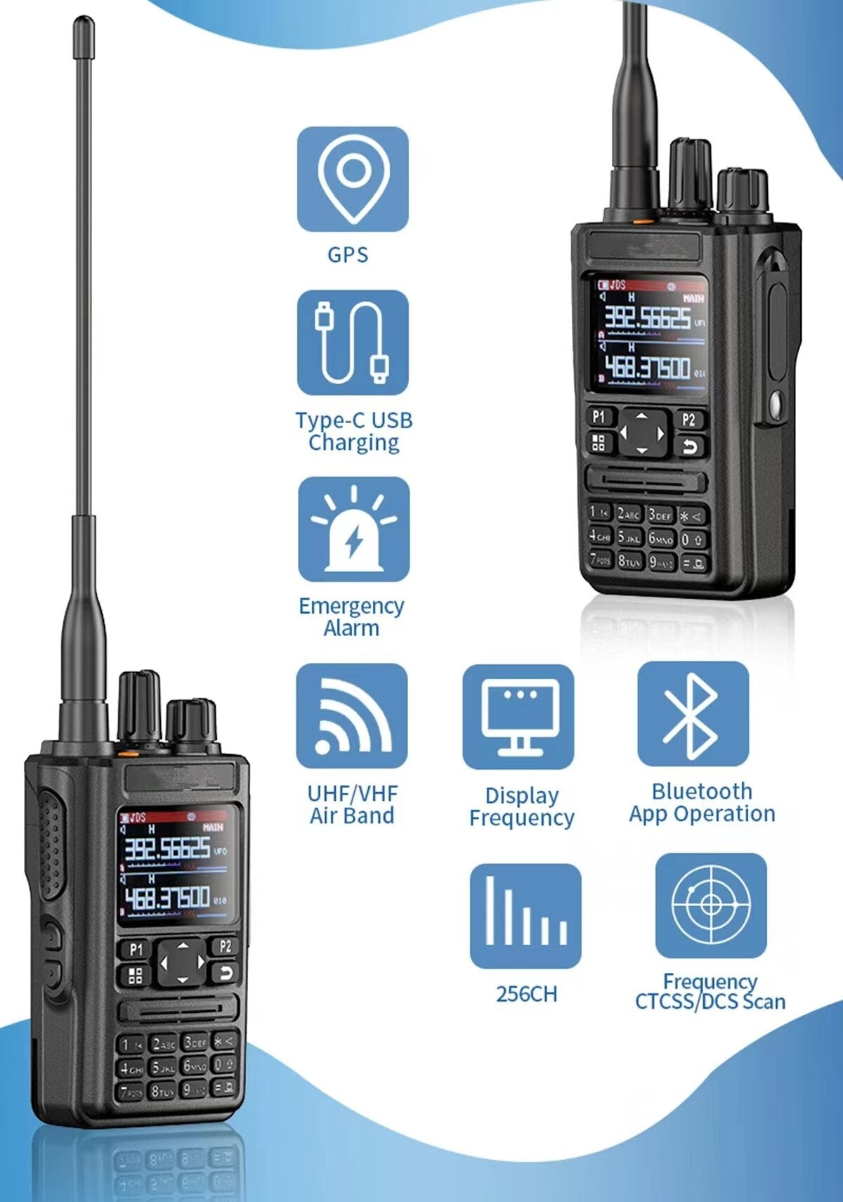 Full Air Band 65-520 Walkie Talkie Outdoor Radio Station GPS Bluetooth APP Match Any Intercom Frequency HAM Interphone Free Call