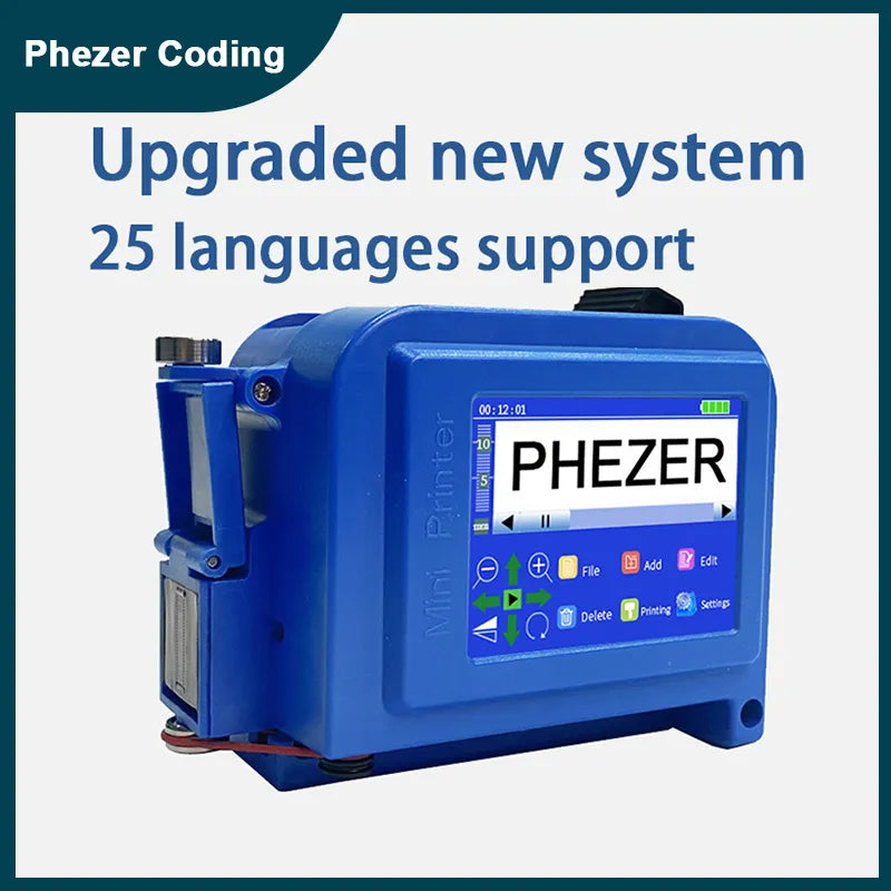 Phezer PC11Plus 12.7/25.4mm Mini Portable Printer QR Bar Batch Code Date Number Logo Expiry Date Handheld Inkjet Printer Label