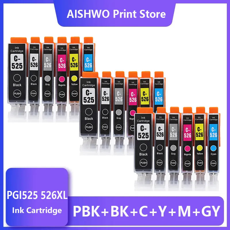 ASW 3set PGI525 PGI 525 CLI 526 Ink Cartridges for Canon Pixma iP4850 ix6550 MG5150 MG5250 MG6150 MG8150 MX885 MG5350 Printer