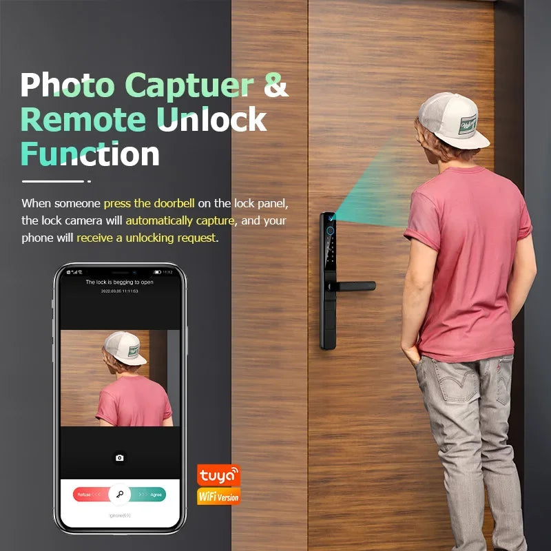 Waterproof Tuya WiFi Camera Biometric Fingerprint Lock RFID Card Code Keyless Electronic Smart Door Lock for Aluminum Glass Door