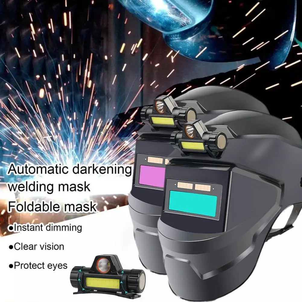 Large View Automatic Dimming Electric Welding Mask With Head Lamp Solar Power Welding Mask For Arc Weld Grind Cut