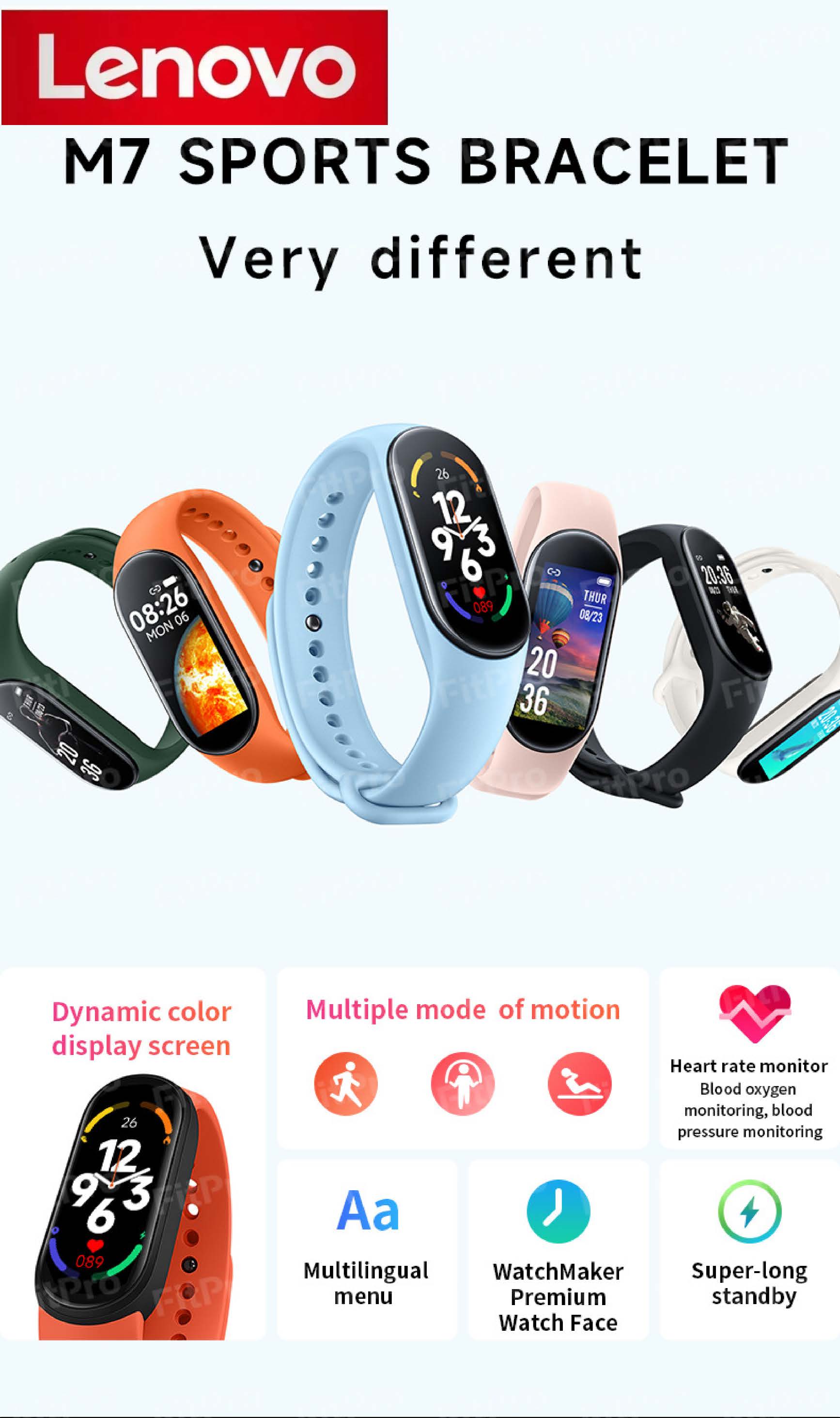 Lenovo's new color screen M7 smart bracelet heart rate blood pressure sleep monitoring monitoring smart bracelet