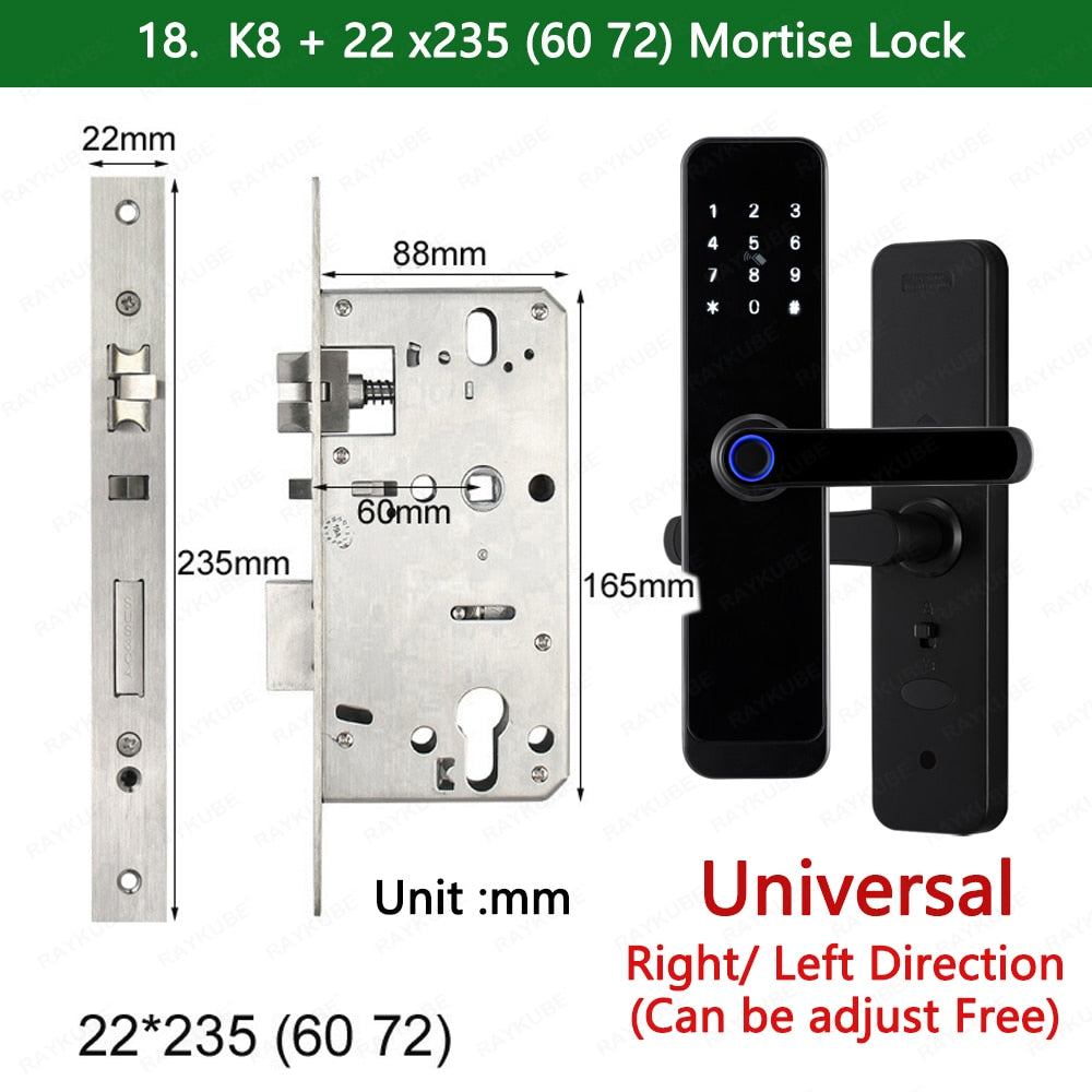 2023 NEW RAYKUBE K8 Tuya Wifi Smart Door Lock TT Lock Fingerprint Lock Digital Electric Lock With Longer Larger Handle Panels