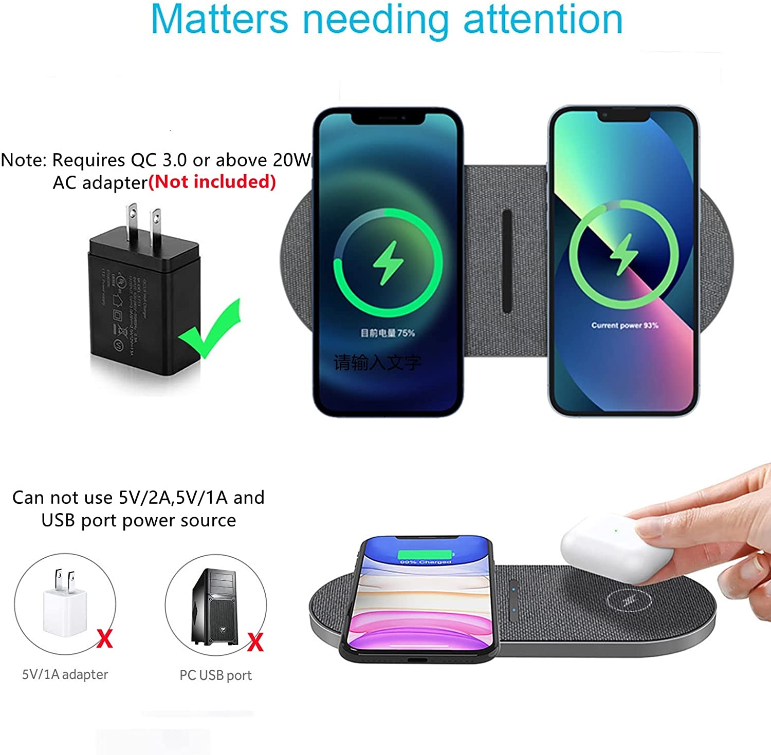 2 In 1 Dual Seat Wireless Charger 40W For iPhone 14 13 12 11 XS XR X 8 Airpods 3 Pro Samsung S22 S21 Double Fast Charging Pad