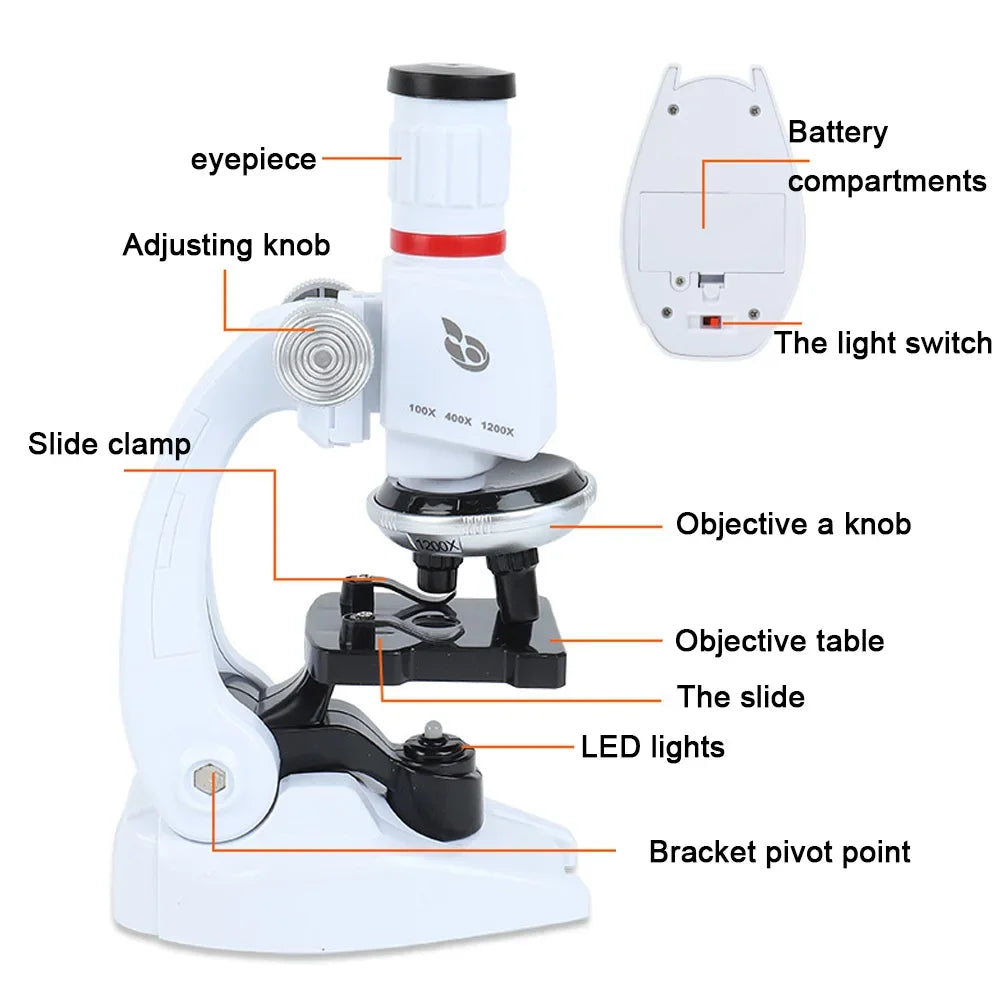 Science Kits For Kids Beginner Microscope With LED 100X 400X 1200X Home School Science Educational Toy Birthday Gift