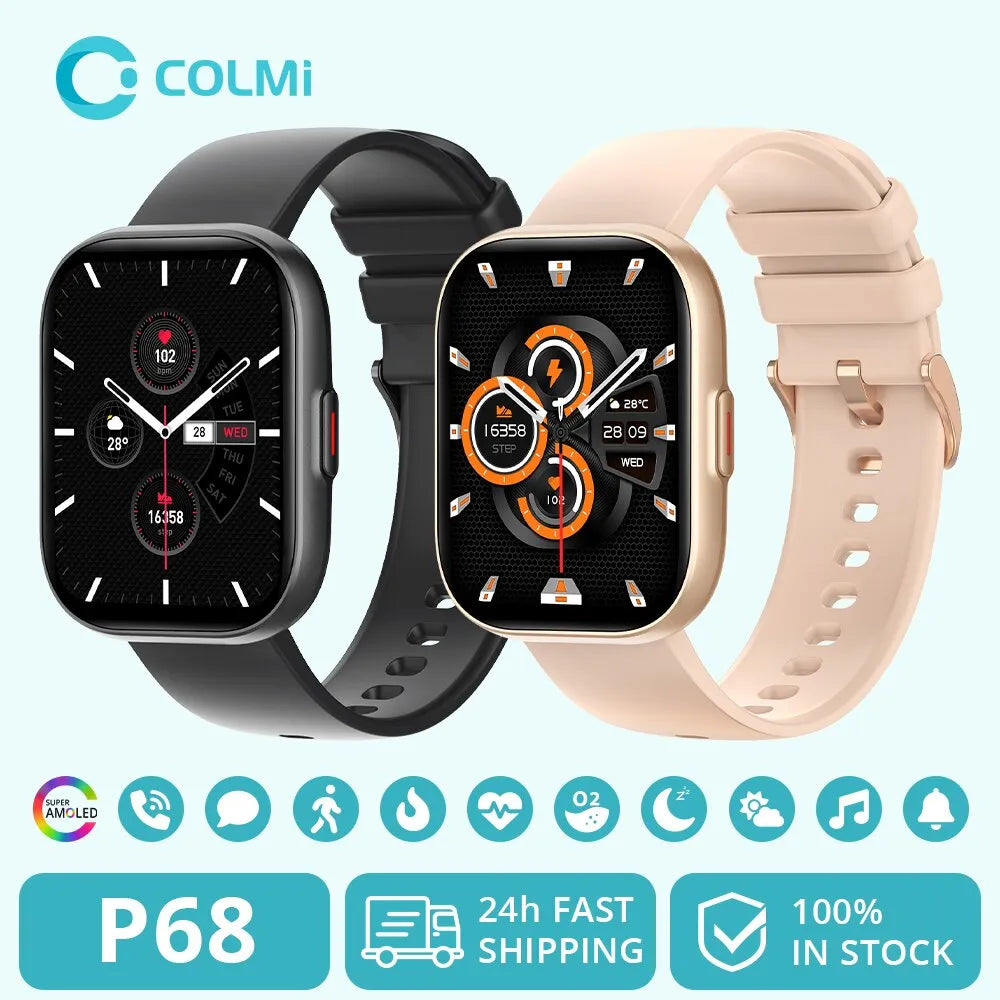 COLMI P68 Smartwatch 2.04'' AMOLED Screen 100 Sports Modes 7 Day Battery Life Support Always On Display Smart Watch Men Women