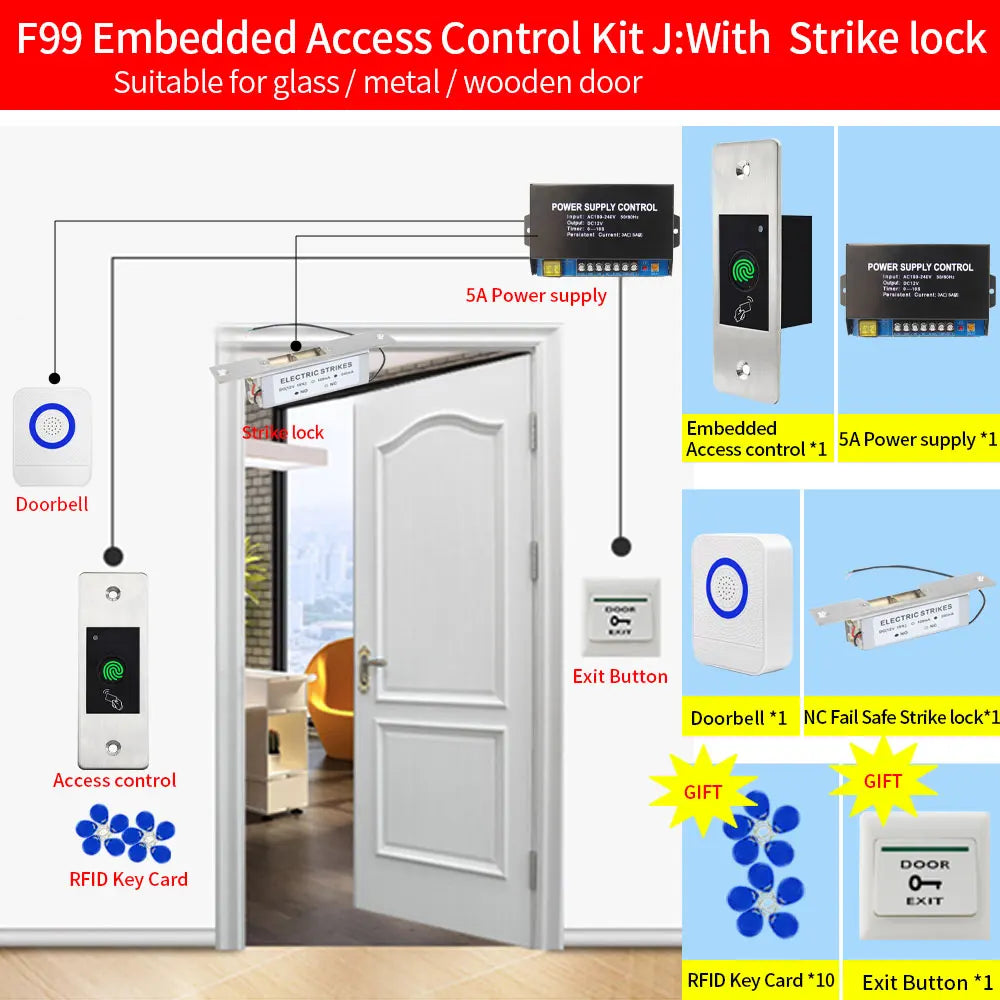 Metal Embedded Access Control Kits F99 Sets 125KHz RFID Keyfob Reader Fingerprint Door Lock Electric Gate Door Opener Waterproof