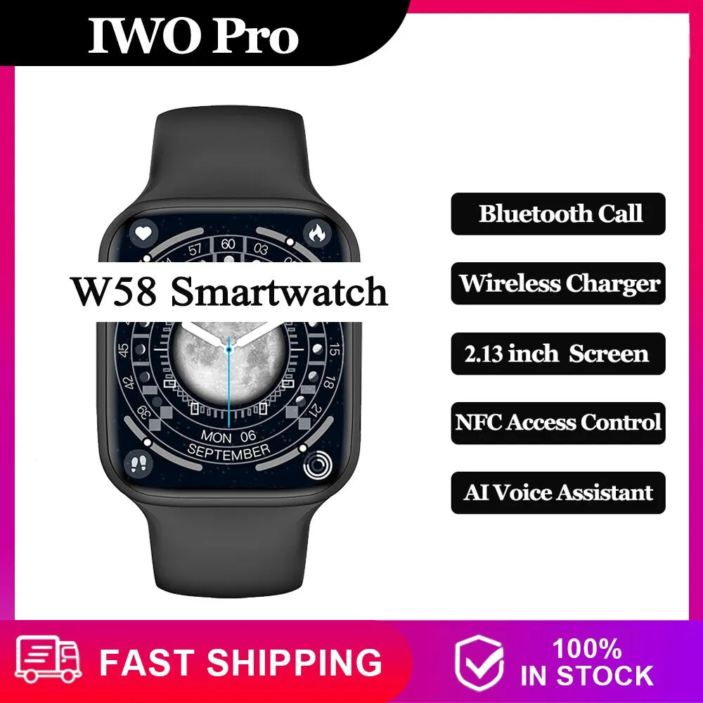 New W58 Smart Watch Men NFC Sports Health Monitor Bluetooth Call Women IP68 Waterproof Smartwatch with Wireless Charger