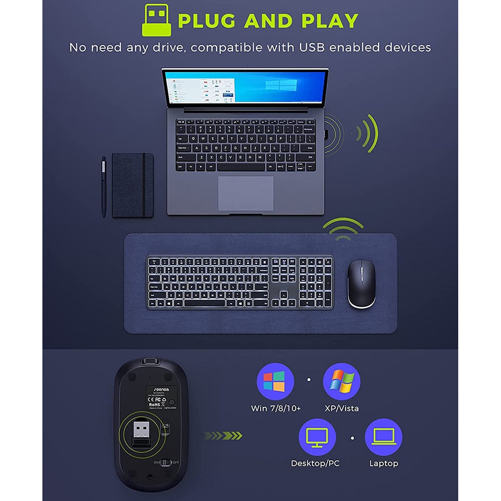 Wireless Keyboard and Mouse Combo 2.4G USB Silent Backlit Keyboard and Mouse Rechargeable Full-Size Slim Keyboard & Mouse Set