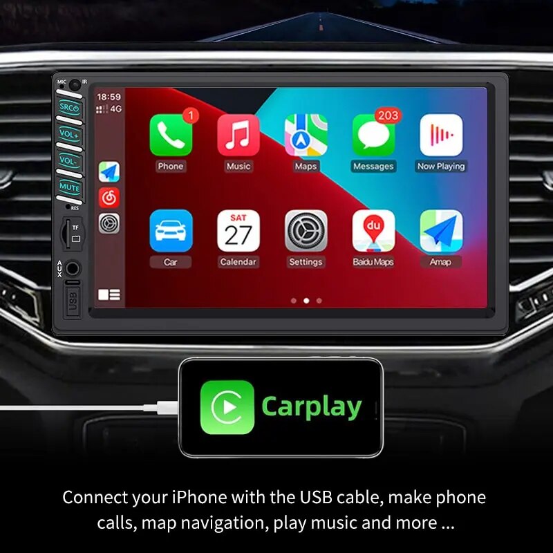 7Inch Touch HD Screen Carplay MP5 Player Car Multimedia Stereo Carplay Android Auto Radio USB BT TF Card 12LED HD Reverse Camera