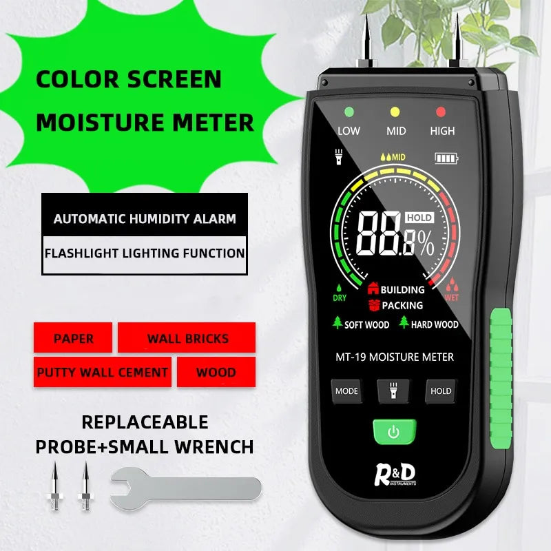 1PC MT19 Color Screen Wood Moisture Meter Wall Moisture Content Tester Paperboard Humidity Detector Cement Brick Moisture Tester