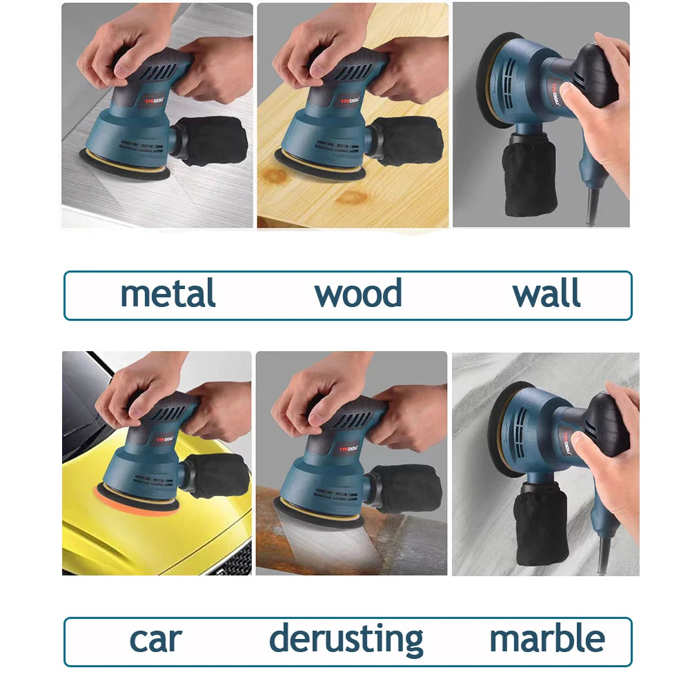 300W Electric Eccentric Sander 5 Inch 125mm Wood Sanding Processing Car Polishing Machine With Dust Box 6 Gears Speed Adjustment