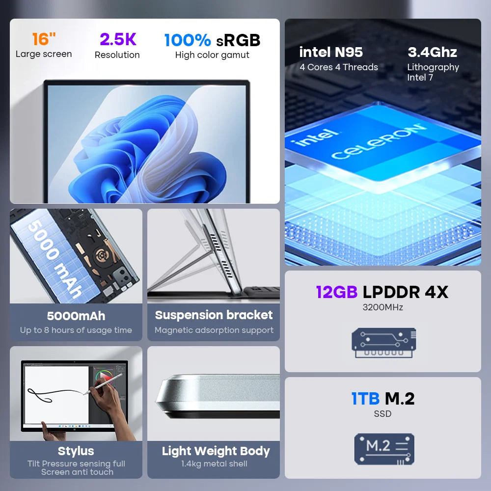 DERE Laptop T60 16" Touchscreen 2.5K IPS Ultra HD Intel Celeron N95 12GB DDR5 1TB SSD Study Office Windows 11 Notebook