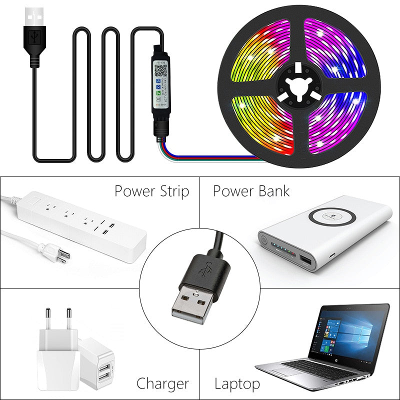 USB LED Strip Light Tape 2835 Bluetooth SMD 5V USB RGB Lights Flexible LED Lamp Tape Ribbon RGB Self-adhesive TV Desktop Diode