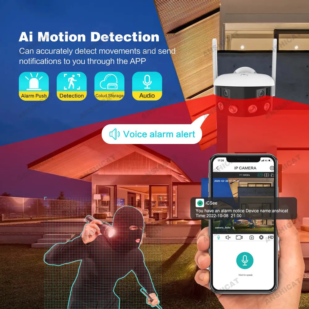 ANSHICAT 8MP 180 Degree Camera 4k 180 Ultra Wide View Angle Panoramic WIFI AI Human Detection Onvif Security IP Cameras 2K ICSEE