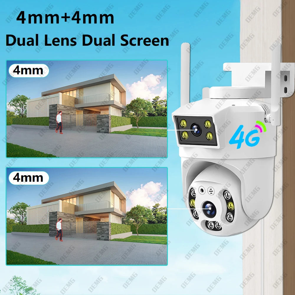 Dual Lens Dual Screen 4G Wireless Outdoor Camera GSM Sim Card Video Surveillance Camera Human Detection Smart Auto Tracking V380