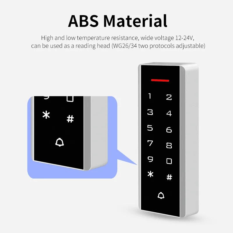 Mini Narrow Size Access Control Keypads RFID Access Controller Touch Door Opener System TK4100 125KHz Key Card Wiegand 2000 User