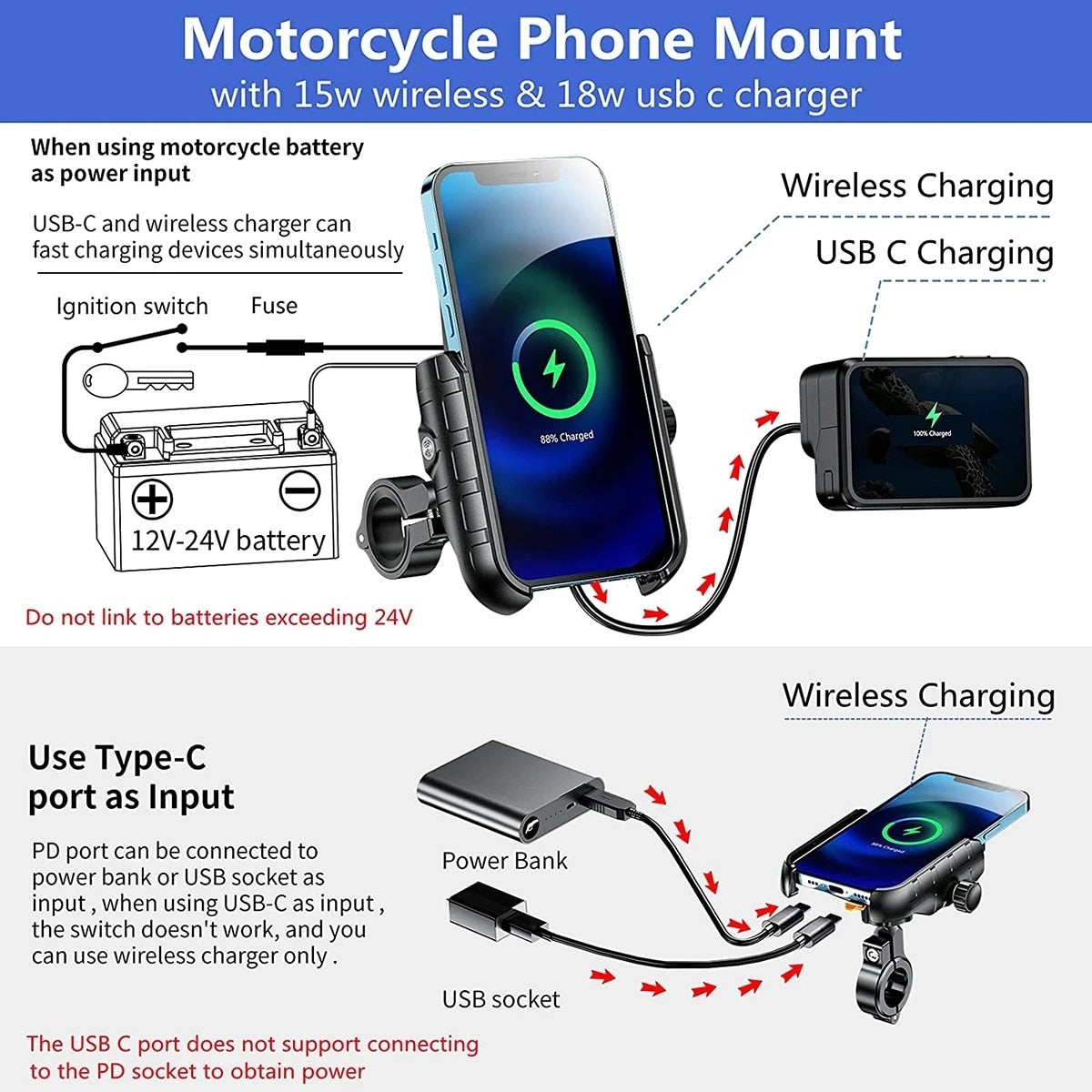 Motorcycle Phone Holder Wireless Charging Cradle 3.0 Quick Charger GPS Moto Support Cellphone Handlebar Mount for 4-7 Inch Phone