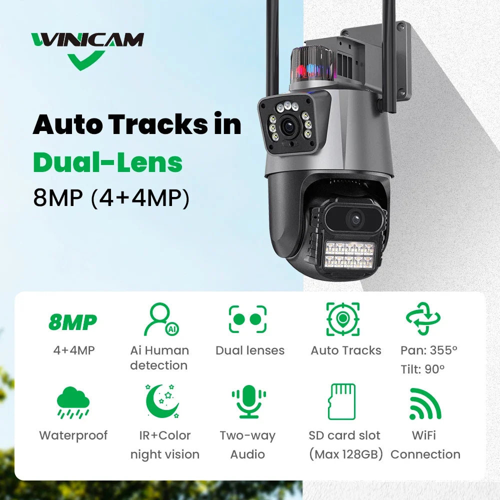 8MP 4K Wifi Camera Dual Lens Security Waterproof Security CCTV Video Surveillance Camera Police Light Alarm IP Camera - icsee