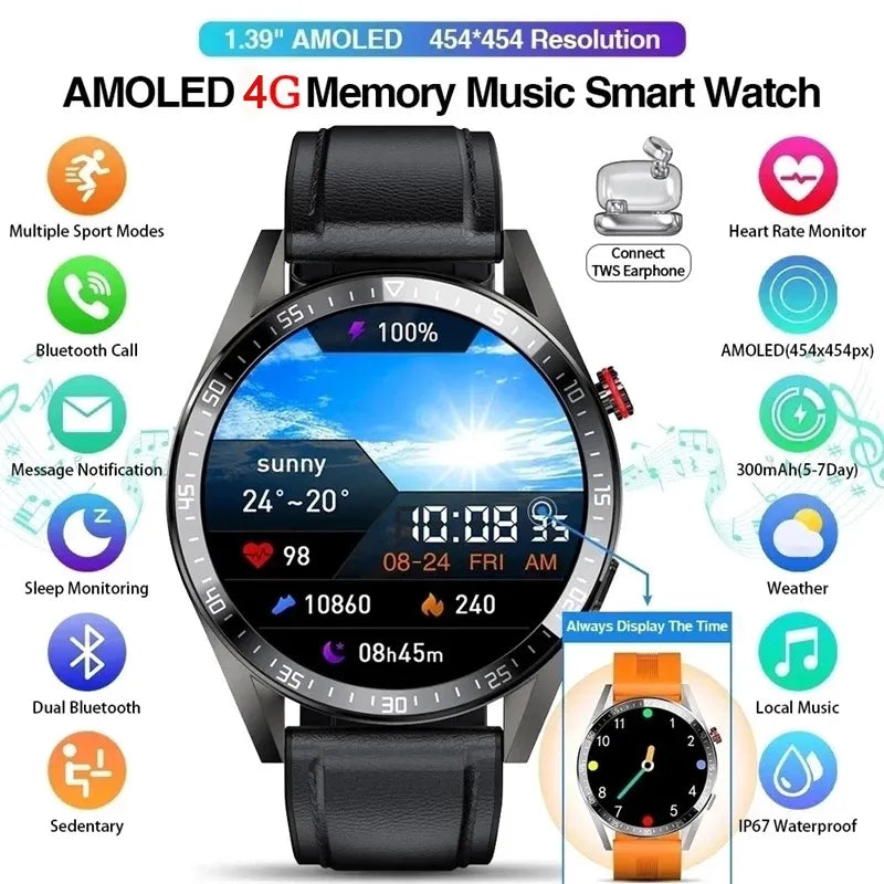 New Smart Watch Mens 4G Memory Local Music Player 454*454 AMOLED Screen Bluetooth Call Sports Man Smartwatch For Samsung Huawei