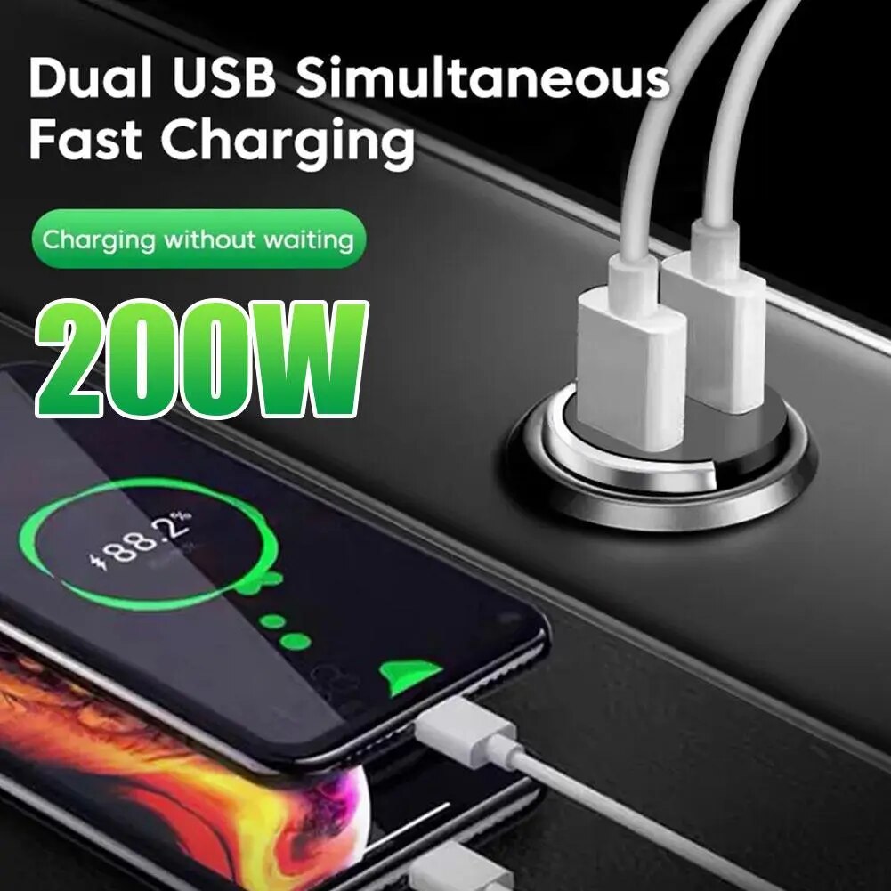 Car Charger Metal Pull Ring Super Fast Charging Invisible Charging Multifunctional Dual Fast USB Power Adapter Charging Sup Y0V2