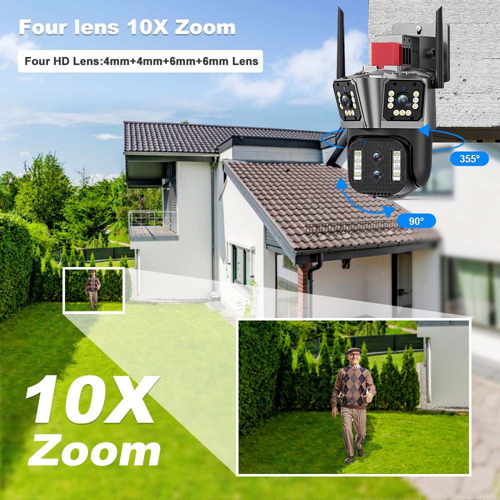 16MP 8K WiFi IP Camera 10X Zoom 4K Outdoor Security Camera Surveillance AI Track Four Lens Three Screen Mini Street Camera 360°