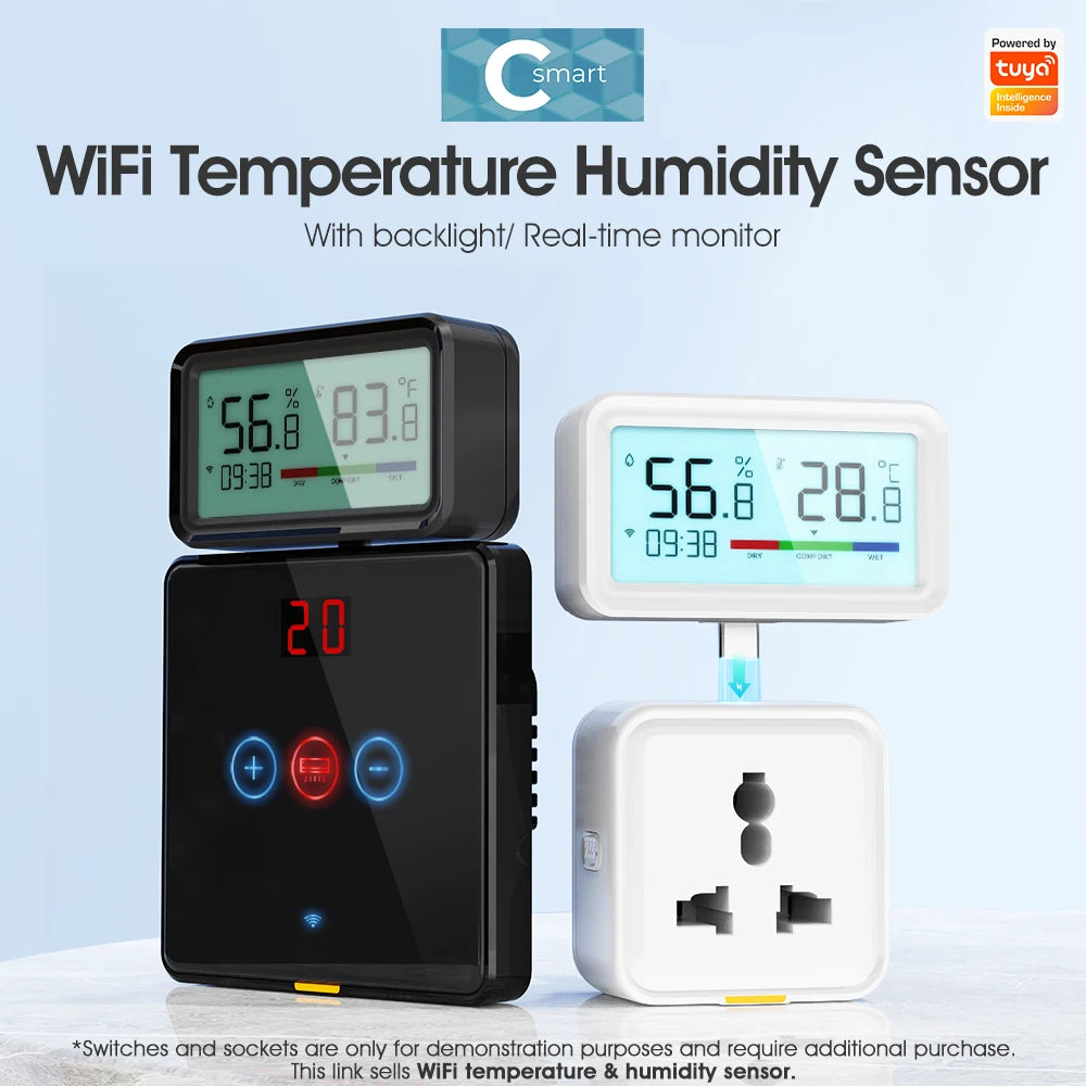 Tuya Smart Home WiFi Temperature Humidity Sensor Backlight Indoor Hygrometer Monitor Time Display Voice for Alexa Google Home