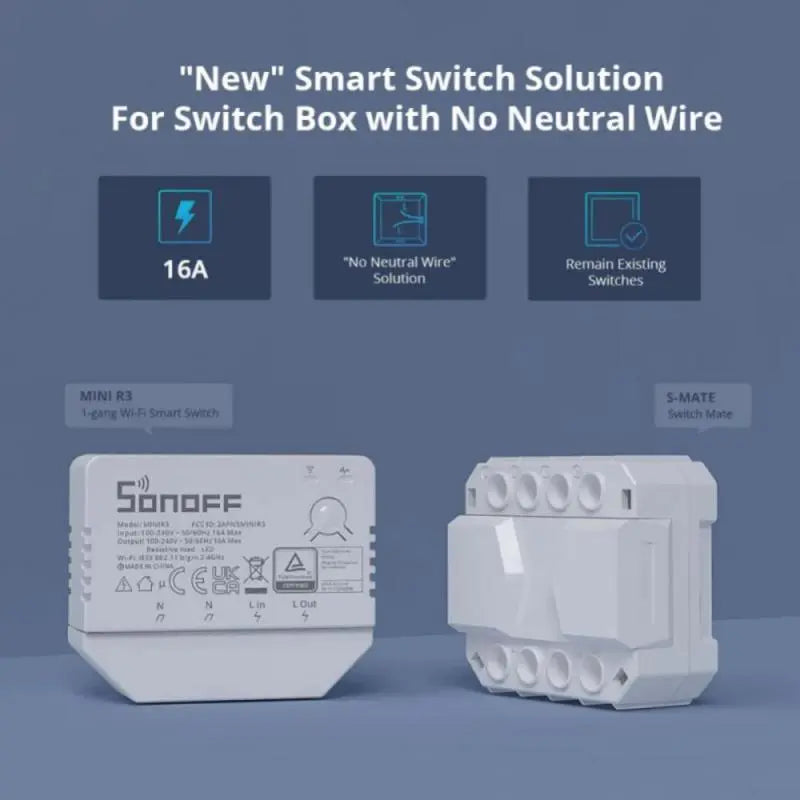 SONOFF MINIR3 S-MATE Mini Smart Switch 16A No Neutral Wire Required Works With Ewelink App Voice Control Alexa Google Home Alice