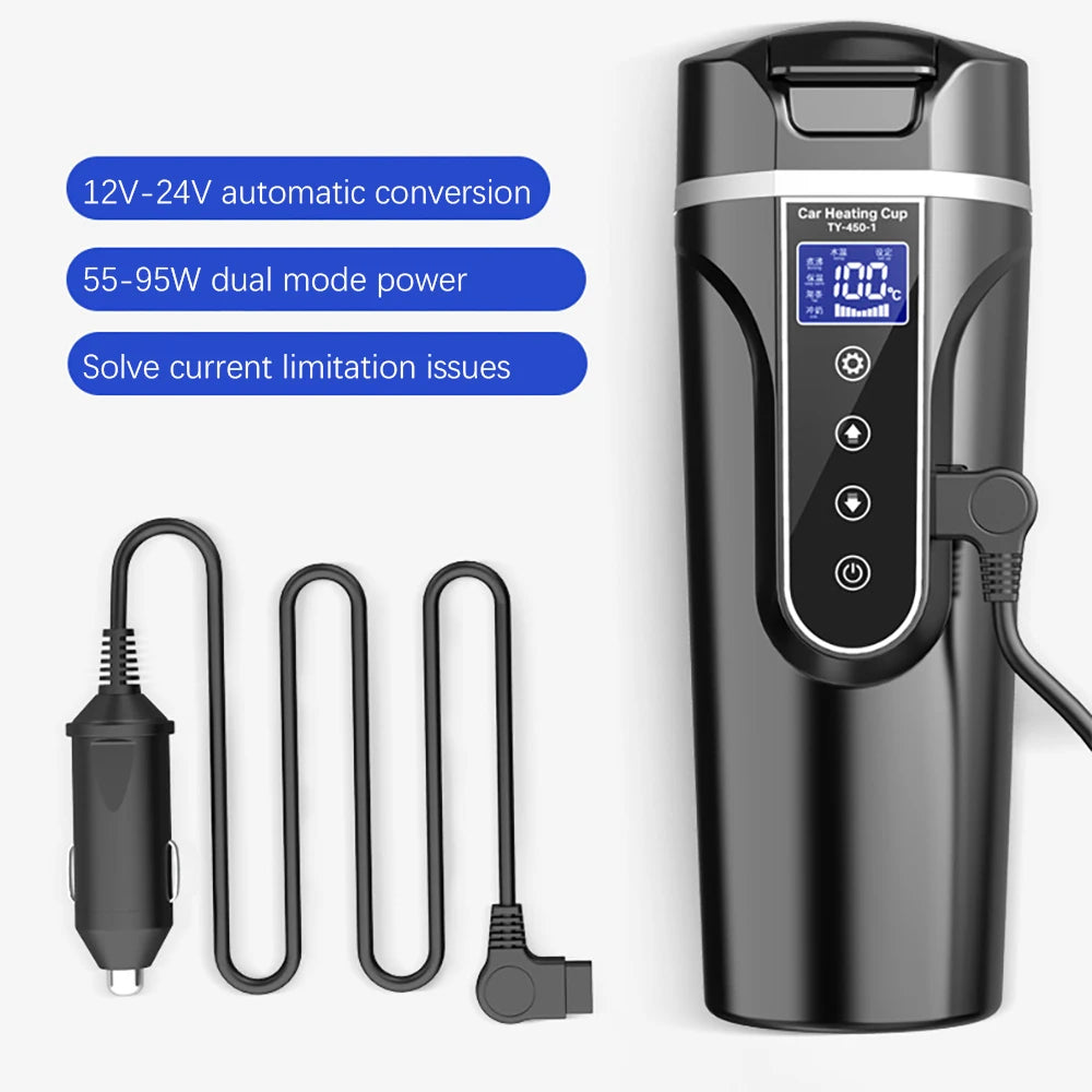 Car Heating Cup 450ML 12V/24V Electric Kettle 304 Stainless Steel Portable Heat Water Bottle Preservation LCD Display Warmer Mug