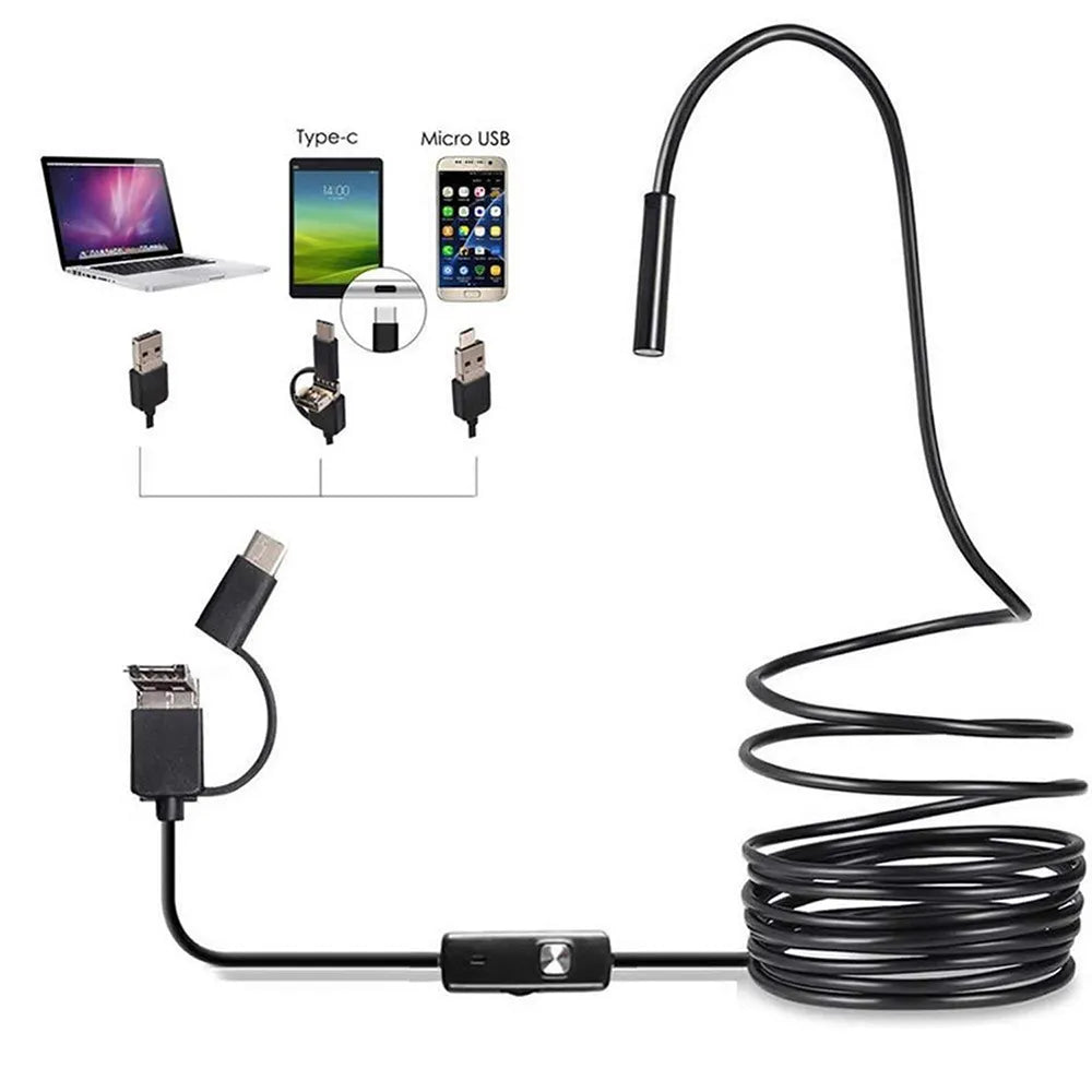 1MM Android Endoscope Softwired 3 In 1 USB/Micro USB/Type-C Borescope Inspection Camera Waterproof For Smartphone