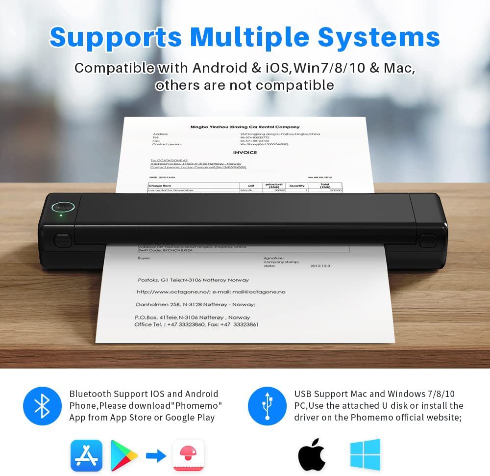 EQUITPER Bluetooth Printer Small Mini Homework Test Paper Ink-free Office portable HD A4 Thermal Printer Error/document printer