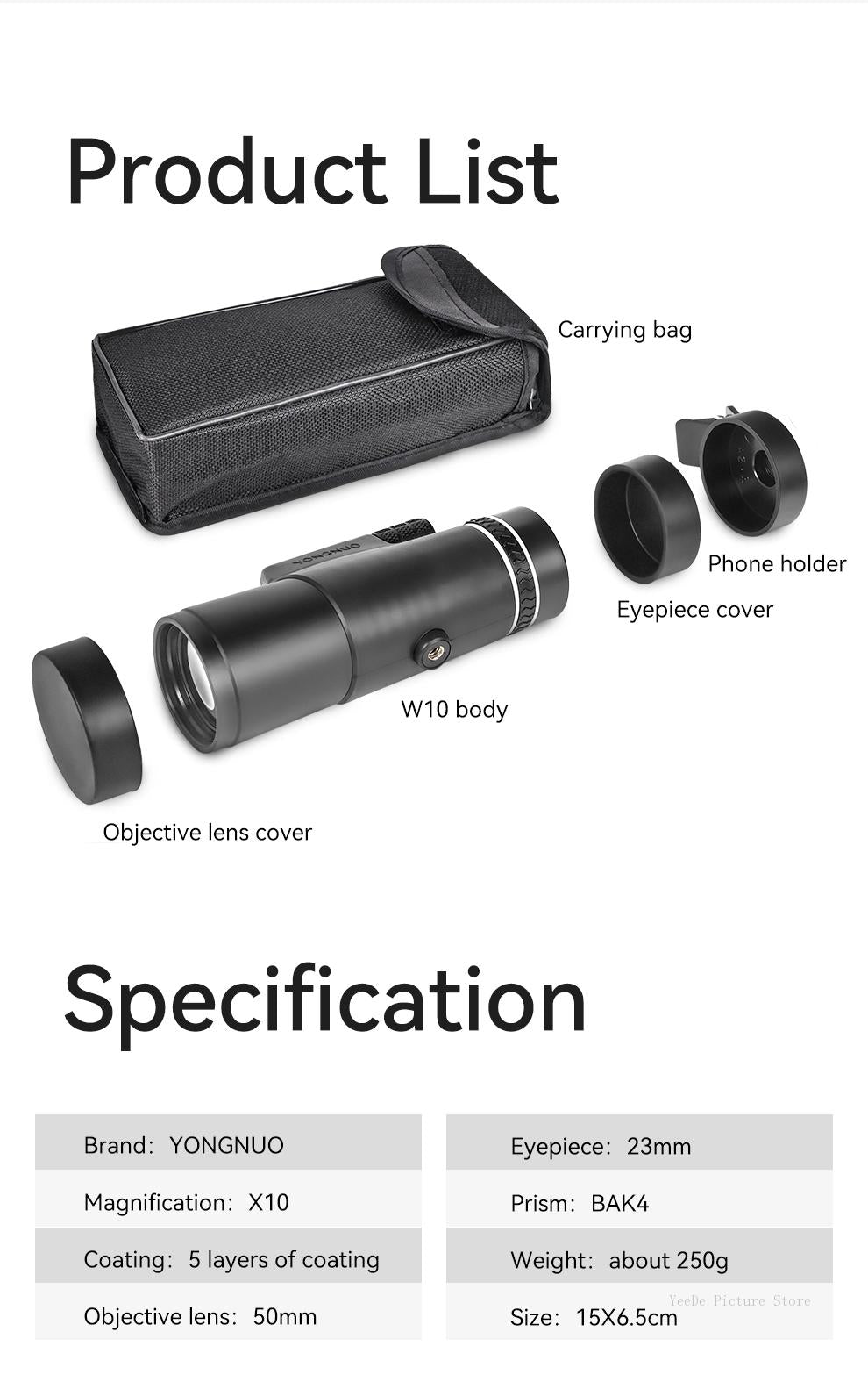 YONGNUO W10 10X Mobile Phone Telescope Outdoor Shooting HD Phone Lens External Camera For Smartphones iPhone Xiaomi Huawei