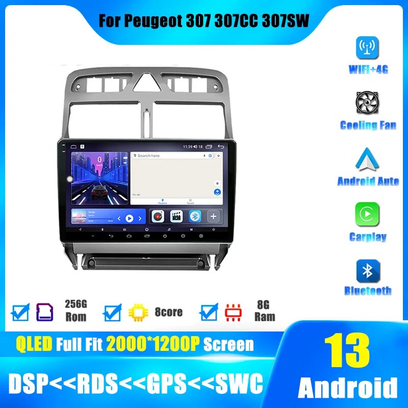 For Peugeot 307 307CC 307SW 2004- 2013 IPS DSP Android 13 Car Radio GPS Navigation Player Video Multimedia Stereo WiFi Head Unit