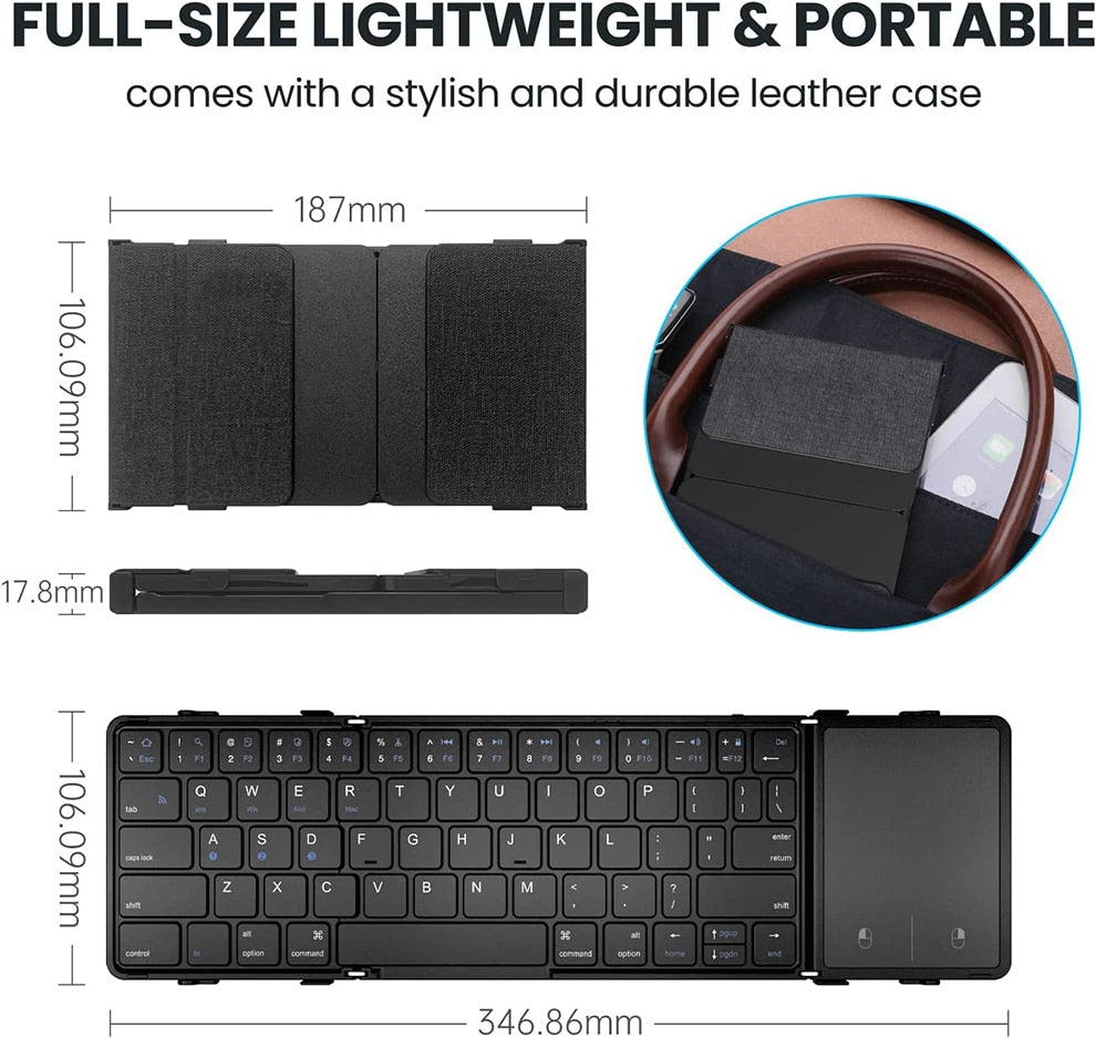 Bluetooth Keyboard with Touchpad Foldable Wireless Keyboard Tri-Folded Ultra Slim Support 3 Device Rechargeable Folding keyboard
