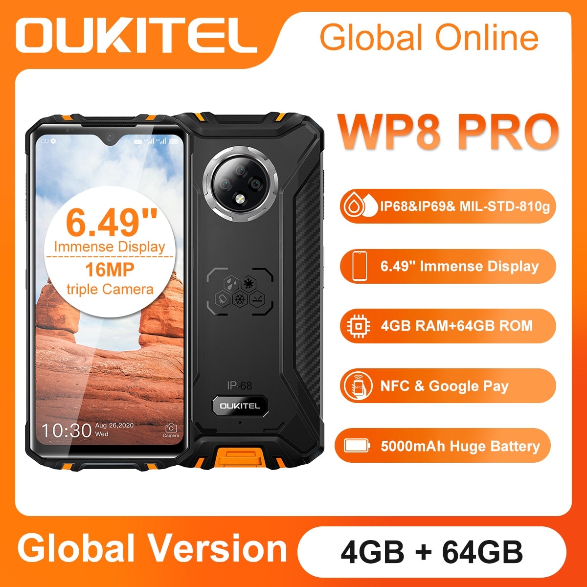 OUKITEL WP8 Pro Rugged Smartphone 6.49''inch 4GB+64GB Android 10 5000mAh IP68 16MP Triple Camera Octa Core Camera  Cell phones