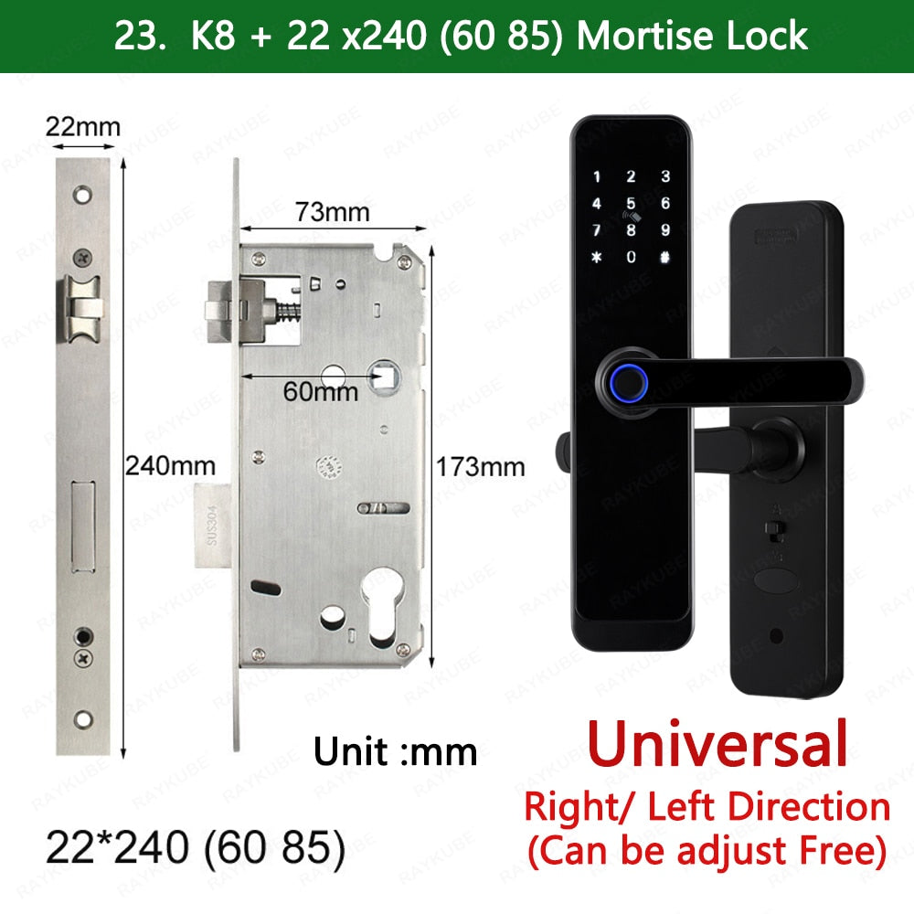 2023 NEW RAYKUBE K8 Tuya Wifi Smart Door Lock TT Lock Fingerprint Lock Digital Electric Lock With Longer Larger Handle Panels