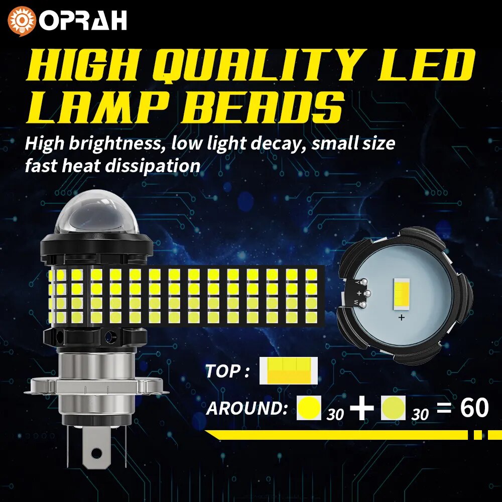 LED Motorcycle Headlight Bulbs H4 H6 BA20D 60SMD 3030&3570 CSP Projector Lens High/Low Beam Motorbike Headlamp White Yellow 12V