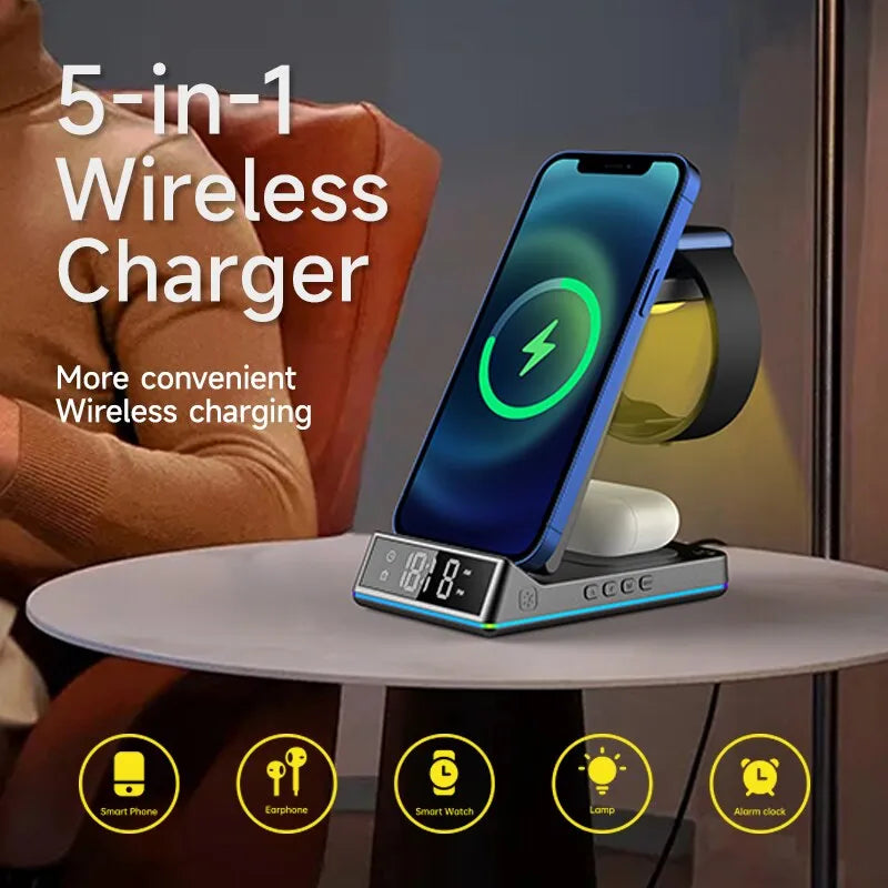 5 In 1 15W Foldable Wireless Charger Stand RGB LED Clock Fast Charging Station Dock for iPhone Samsung Galaxy Watch 5/4 S22 S21