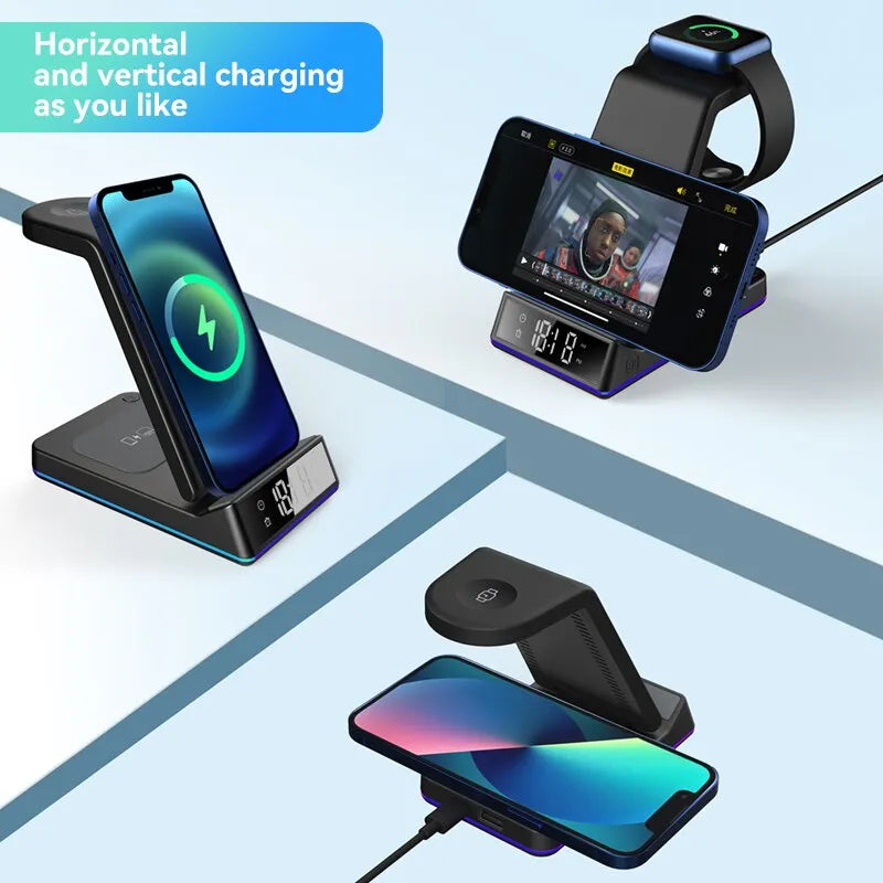 5 In 1 15W Foldable Wireless Charger Stand RGB LED Clock Fast Charging Station Dock for iPhone Samsung Galaxy Watch 5/4 S22 S21