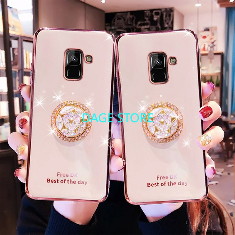 For Samsung Galaxy A5 A8 Plus A6 Plus J8 2018 Electroplated  Phone Case Bling Crystal Holder Cover Soft TPU Back Cover